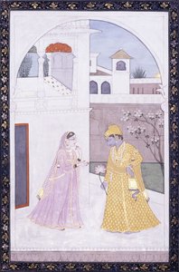 Krisna lótuszvirágot tart kezében, szeretője rózsaszín száriban, c. 1800 alkotó: Indian School