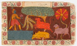 Krisna és tehenek a tóban, a Bhagavata Puránából (átlátszatlan wc papíron) alkotó: Indian School