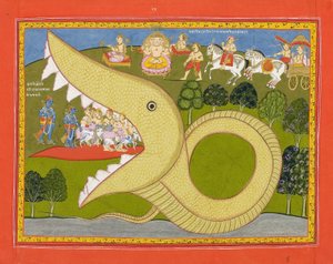Krisna és a tehénpásztorok belépnek Agasuras szájába, 1800 körül (átlátszatlan wc és arany papíron) alkotó: Indian School