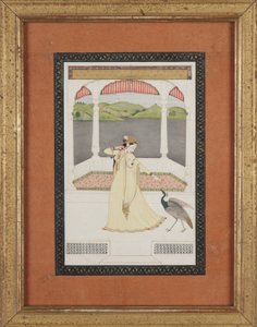 Pávát csábító hölgy gyöngysorral, 1800 körül (guache és arany papíron) alkotó: Indian School
