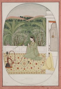 Hölgy a teraszon vízipipával, 1770 körül (guache és arany papíron) alkotó: Indian School