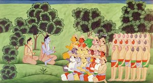 Lakshmana konzultál a majomseregek vezetőivel, a Rámájánából alkotó: Indian School