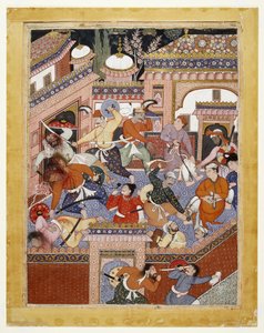 Songhur Balkhi és Lulu, a kém vezetésével az ayyarok elvágták a börtönőrök torkát és a Free Said Farrukh-Nizhad, 1557-1572 (átlátszatlan akvarell és arany pamutszöveten) alkotó: Indian School
