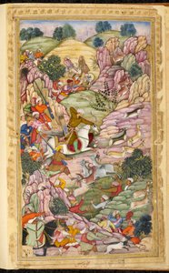 Babur császár vadászik, Ali Shang és Alangar között, Kabul (Afganisztán) régióban. Miniatűr a Vaqi at i Baburi perzsa kéziratból, Babur mogul császár emlékiratai (Zahir ud din Muhammad) (1483-1530), India, 1590 körül. The British Libra alkotó: Indian School