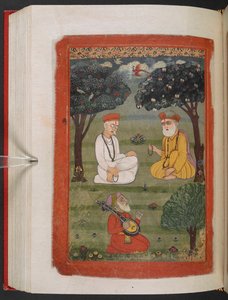 MS Panj B 40, f.131v, Bhagat Kabir ji és Guru Nanak Dev ji találkozó, illusztráció a „Guru Nanak életrajzából” alkotó: Indian School
