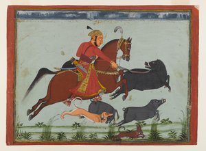 Maharaja Pratap Singh II, Mewar Hunting Boar, 1750-75 körül (akvarell, arany és ezüst, papíron) alkotó: Indian School