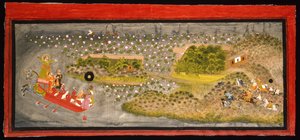 Maharana Jagat Singh II sólyomvadászat és vaddisznóvadászat, 1740 körül (átlátszatlan w/c, ezüst és arany papíron, albumoldalra rögzítve) alkotó: Indian School