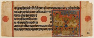 Mahavira prédikál a Ginashilaka szentélyben, levél a Kalpasutra szétszórt dzsain kéziratából (wc és arany papíron) alkotó: Indian School