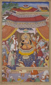 Mangu Khan ítélkezik a lázadók felett, 1595 (átlátszatlan wc és arany a papíron) alkotó: Indian School