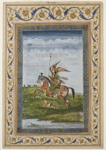 Miniatűr, amely egy lovon ülő szárnyas alakot ábrázol, valószínűleg Delhi iskola, mogul, indiai, 19. század eleje (akvarell és aranyozás papíron)