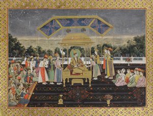Nadir Shah a pávatrónuson Muhammad Shah legyőzése után, 1850 körül (papíron átlátszatlan wc) alkotó: Indian School