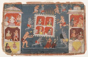 Oldal egy szétszórt Bhagavata Purana sorozatból, 1610-1650 körül (átlátszatlan wc papíron) alkotó: Indian School