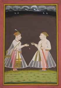 Valószínűleg az udaipuri Rana Raj Singh (1661-81) portréja, aki serpenyőt kínál egy nemesnek, 1820 alkotó: Indian School