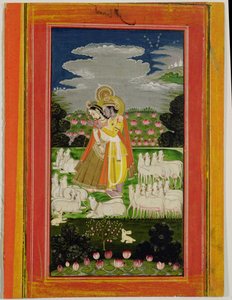 Radha és Krisna ölelkeznek egy idealizált tájon tehenekkel, 1780 körül (papíron átlátszatlan wc) alkotó: Indian School
