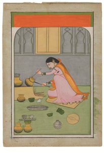 Rádhá a konyhában, 1810 körül (opak pigmentek és arany, wasli) alkotó: Indian School