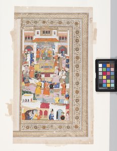 Raja udvaroncokkal (toll, tinta, gouache és aranylevél pergamenen) alkotó: Indian School