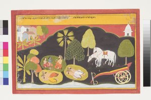 Rama és Lakshmana egy férfival beszélget éjszaka, 1650 körül (átlátszatlan wc és tinta a papíron) alkotó: Indian School