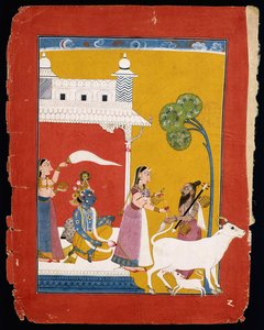 Rukmini vízzel kínálja a bölcs Naradát, miközben hitvese Krishna a házában ül, 1725-1730 alkotó: Indian School