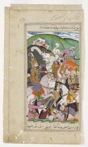 Rusztam lasszózza a kínai kakánt, és elrángatja fehér elefántjától, 1790 körül (átlátszatlan akvarell és arany) alkotó: Indian School