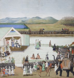 Bajazid török szultán fogságba vitte Timur előtt, 1850 körül (átlátszatlan wc és arany papíron) alkotó: Indian School