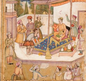 A radzsa, akinek a vendége napi 500 dinárt kért tőle, 1585 körül (átlátszatlan wc és arany papíron) alkotó: Indian School