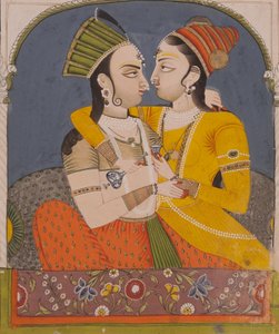 Két királynő megoszt egy italt, a szerelmesek ölelkeznek egy fülkében, 1780 körül (átlátszatlan wc és arany a papíron) alkotó: Indian School