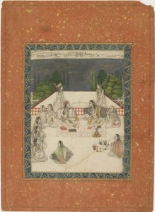 Két nő ül egy teraszon, kísérőkkel és zenészekkel körülvéve, 1650 körül (átlátszatlan wc és arany papíron) alkotó: Indian School
