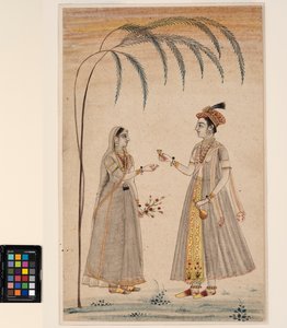 Két nő egy fa alatt, 1750 körül (átlátszatlan akvarell és arany papíron) alkotó: Indian School