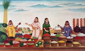 Zöldség- és fűszerpiac Benaresben, 1840 körül alkotó: Indian School