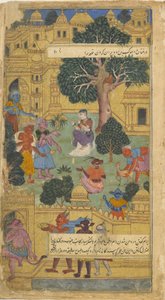 Vol.1 fol.10 Sita, akit Raksaskák őriznek Lankán, ránéz a Hanumantól kapott gyűrűre (átlátszatlan wc, tinta és arany papíron) alkotó: Indian School