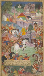 1. kötet, 20. évf. Dasaratha elindul Angada felé, hogy meghívja Rsyasrnga-t a lakhelyére (átlátszatlan wc, tinta és arany papíron) alkotó: Indian School