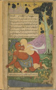 2. kötet, 220. Sugriva a Kumbhakarna (átlátszatlan akvarell, tinta és arany papíron) hirtelen megcsonkításával nyeri el szabadságát. alkotó: Indian School