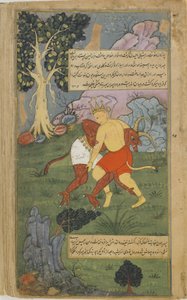 2. kötet, 242. Hanuman úgy győzi le Nikumbhát, hogy lecsavarja a fejét (átlátszatlan akvarell, tinta és arany a papíron) alkotó: Indian School