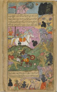Vol.2 fol.253 Vibhisana buzdítja a majmokat, hogy fejezzék be győzelmüket a raksasák felett Indradzsita és erői megölésével (átlátszatlan akvarell, tinta és arany papíron) alkotó: Indian School