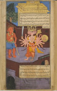 Vol.2 fol.305 Ravana egy félelmetes ajtóőrrel találkozik a Valis palotában (átlátszatlan akvarell, tinta és arany a papíron) alkotó: Indian School