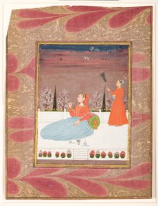 Egy teraszon ülő nő chaurit viselő kísérővel, 1735 körül (átlátszatlan wc és arany papíron) alkotó: Indian School