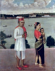 Angracai fiatalember egy fiatal nővel és babával, Panoból, Goa Iskolából alkotó: Indian School
