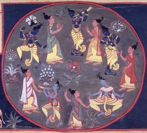 fol.142v Táncosok és zenészek köre, Durgacarya „A Brahma-vaivarta purana Brahma-khandája” című művéből alkotó: Indian School