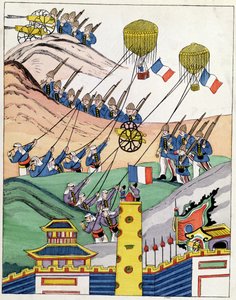 Plakát, amelyen a francia csapatok elfogott léggömböket használnak Tonkin meghódítása idején, 1884