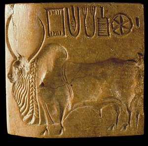 Zebu bikapecsét Indus forgatókönyvvel Mohenjo Daróban, az Indus-völgyben, Kr.e. 3. évezredben. alkotó: Indus Valley Civilisation.