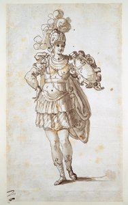 Pajzsot viselő lovag vagy lovag (toll és tinta papíron) alkotó: Inigo Jones