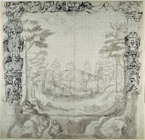Proszcénium és vadászjelenet (toll és tinta papíron) alkotó: Inigo Jones