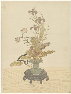 Ikebana virágkötészet zöld vázában alkotó: Ippitsusai Bunchô (manner of)