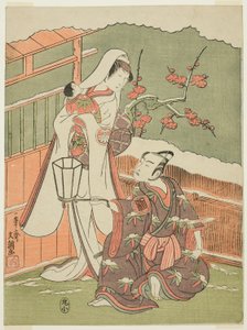 Arashi Sangorô II színészek Minamoto no Yoritomo szerepében és Segawa Kikunojô II a hóasszony szerepében az „Izu pamutvatta, amely védi a házassági krizantémokat” („Myôtogiku Izu no Kisewata”) című filmben. alkotó: Ippitsusai Bunchō