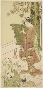 A színész Arashi Hinaji I, valószínűleg mint Yuya Gozen az Ima o Sakari Suehiro Genji (A Genji klán most a zenitjén) című darabban, a Nakamura Színházban a tizenegyedik hónap első napjától, 1768 alkotó: Ippitsusai Bunchō