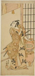 A színész, Sawamura Sojuro II Kudo Suketsune (?) szerepében az Edo no Hana Wakayagi Soga (?) színdarabban, amelyet az Ichimura Színházban (?) mutattak be a második hónapban, 1769 (?) alkotó: Ippitsusai Bunchō