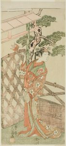 A színész Yamashita Kinsaku II Moshio, Ito Sukekiyo felesége szerepében az Izu-goyomi Shibai no Ganjitsu című darabban, amelyet a Morita Színházban mutattak be a tizenegyedik hónapban, 1772 alkotó: Ippitsusai Bunchō