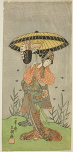 A színész Yamashita Kinsaku II Nijo no Kisaki (?) szerepében a Natsu Matsuri Naniwa Kagami (?) című darabban, a Morita Színházban (?) a hetedik hónapban, 1770 (?) alkotó: Ippitsusai Bunchō