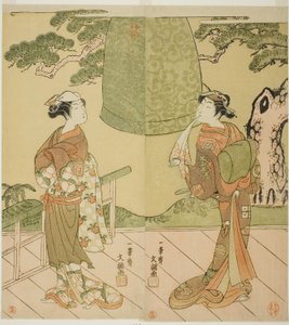 A színészek Ichimura Uzaemon IX Shume no Hangan Morihisaként (jobbra), Sanogawa Ichimatsu II pedig Chujoként (balra), az Edo no Hana Wakayagi Soga című darabban, amelyet az Ichimura Színházban mutattak be a második hónapban, 1769 alkotó: Ippitsusai Bunchō
