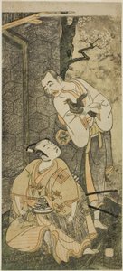 A színészek Nakamura Utaemon I, mint Seigen (jobbra), és Ichikawa Komazo II mint Shimizu Tonoinosuke Kiyoharu (balra), a Soga Moyo Aigo no Wakamatsu című darabban, amelyet a Nakamura Színházban mutattak be a harmadik hónapban, 1769 alkotó: Ippitsusai Bunchō